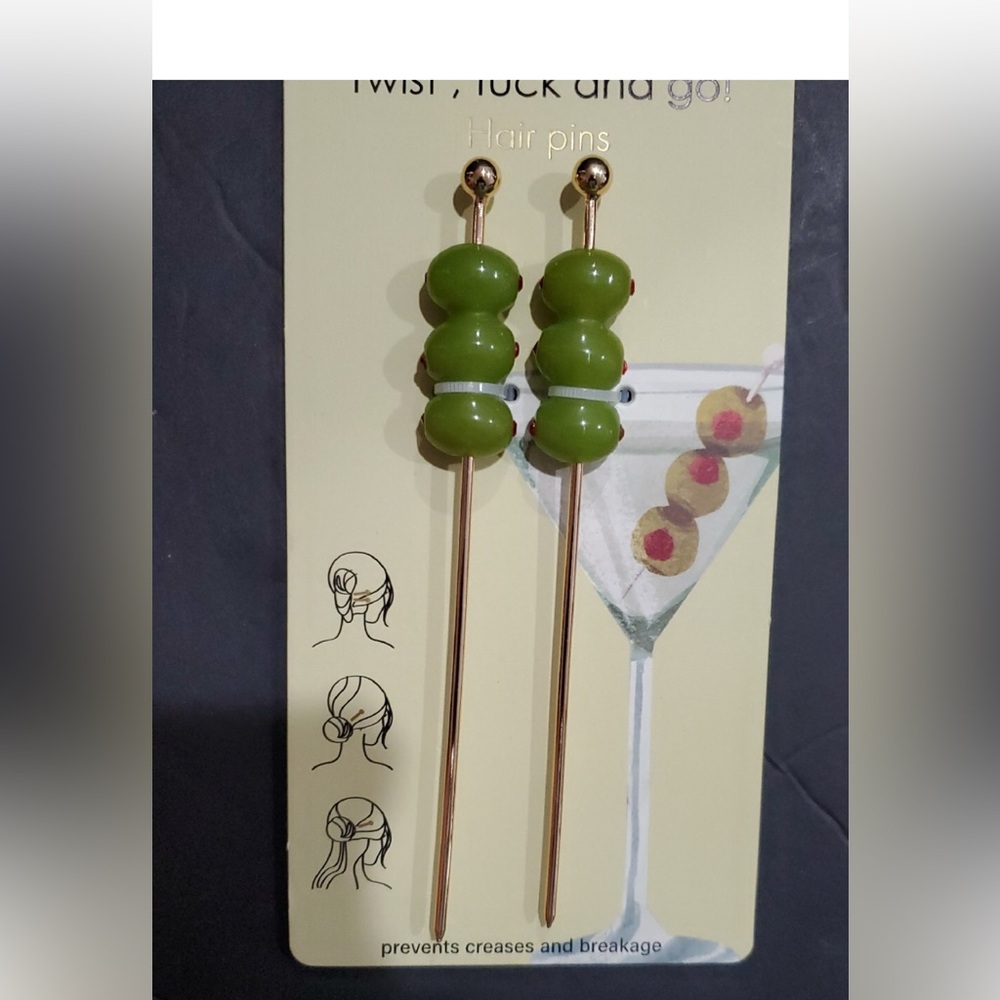 Set of Martini olives adorned 6" gold toned hair pins brand new
